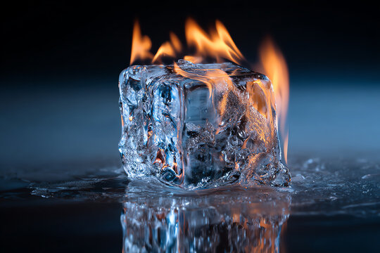 Ice Cube Ablaze: A striking juxtaposition of elemental forces, a clear ice cube melts and drips while a vibrant flame dances on its surface.