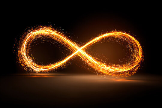 Infinite Loop of Fire: An abstract representation of infinity, formed by glowing embers and swirling fire trails, against a dark, mysterious backdrop.