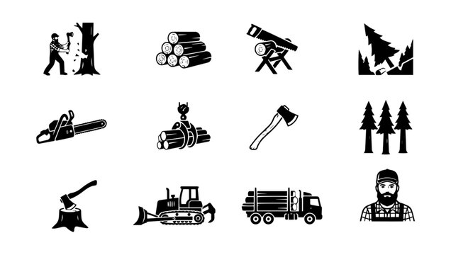 Forestry and logging vector icon set with timber, saws, machinery and workers