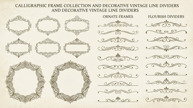 Decorative calligraphic frames and vintage line dividers set featuring elegant ornate flourishes and detailed Victorian border patterns on a textured light beige paper background backdrop