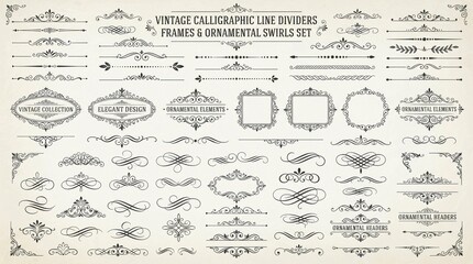 Fototapeta premium Vintage calligraphic line dividers and ornamental frames collection featuring elegant swirls and flourishes for professional graphic design projects requiring a classic luxury style paper aesthetic