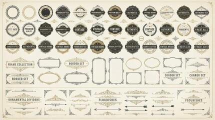 Vintage collection of decorative badges labels frames borders and ornamental flourishes designed with elegant gold and black details perfect for professional branding projects and creative stationery