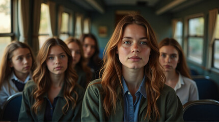 Fototapeta premium Group of Young Women Sitting on Train