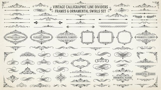 Vintage calligraphic line dividers and ornamental frames collection featuring elegant swirls and flourishes for professional graphic design projects requiring a classic luxury style paper aesthetic