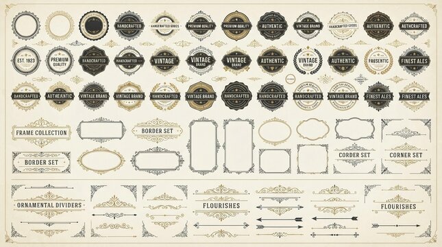 Vintage collection of decorative badges labels frames borders and ornamental flourishes designed with elegant gold and black details perfect for professional branding projects and creative stationery