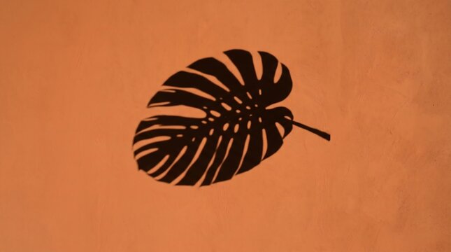 Minimalist monstera leaf shadow cast on warm terracotta wall background