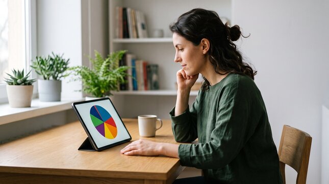 Woman working on a tablet displaying a colorful pie chart at a wooden desk with plants