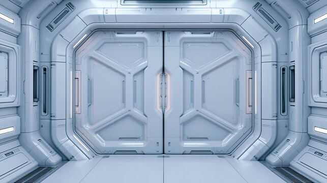 Advanced mechanical sliding door with intricate geometric plating for spaceship interior design.