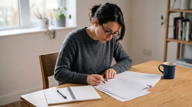 Woman wearing glasses and a grey sweater writing on paper at a wooden desk with a notebook and mug