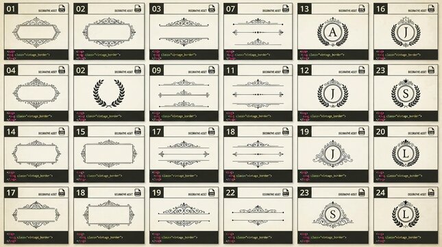 Vintage decorative border frames and elegant monograms displayed as digital assets on individual cards for web designers looking for classic ornamental graphic design elements and flourishes