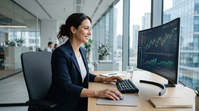 Professional woman in dark blue suit analyzing stock market data on a curved computer monitor in a modern office