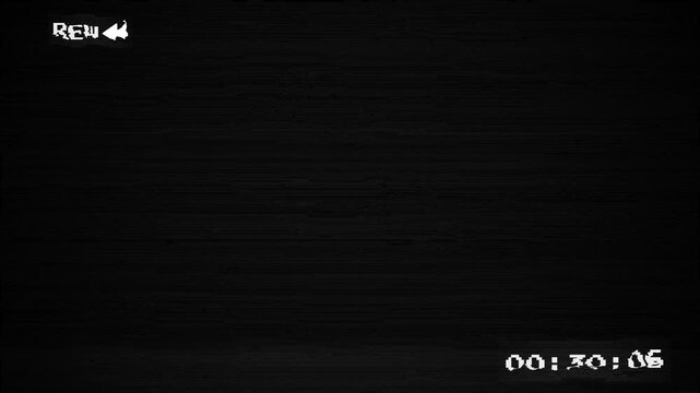 VHS REW overlay with retro VCR interface, static noise and scanlines, analog glitch distortion. on black background.  4K video resolution 
