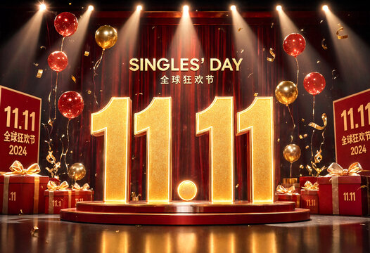 Festive stage setup for singles day celebration with golden numbers and decorations all around