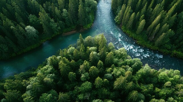 Rivers converge amidst a dense, dark green pine forest from an aerial perspective, highlighting the dynamic flow of water and the untouched wilderness of the region.
