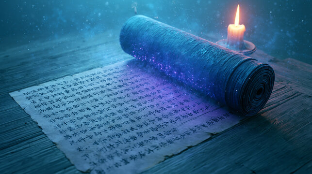 An ancient blue scroll rests on rustic wooden table with shimmering magical dust and candle.
