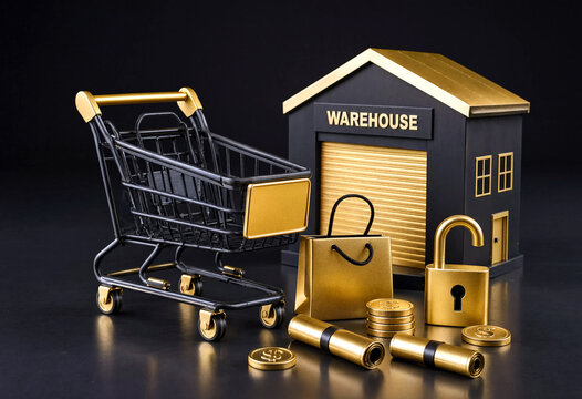 Miniature golden shopping cart and warehouse with coins and padlock symbolizing ecommerce storage and wealth