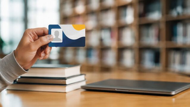 Customizable id card held by hand near book stack and laptop in library with blurred background and clear space for personalized information