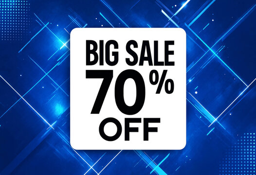 Modern digital sale banner with bright blue light effects advertising seventy percent discount offer