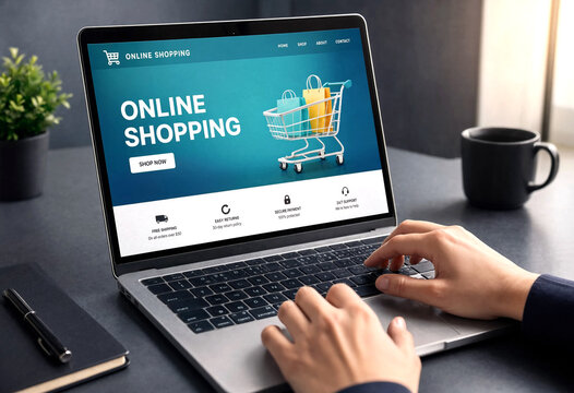 Person using a laptop for online shopping with a cart full of bags on screen
