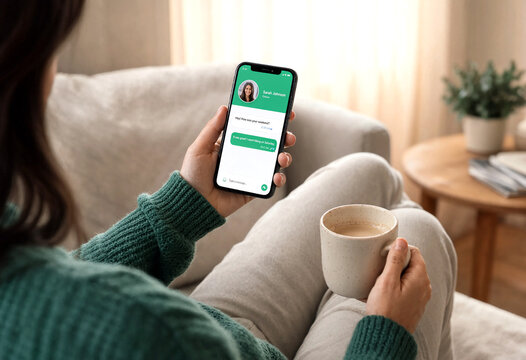 Relaxed woman sitting on couch holding smartphone and enjoying coffee at home