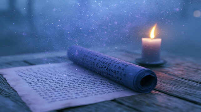 An old paper scroll illuminated by candle light on wooden table with magical dust effect.