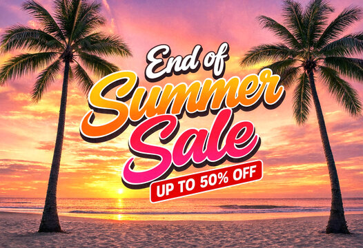 Vibrant beach sunset with palm trees and colorful end of summer sale promotion text