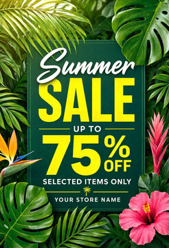 Vibrant tropical summer sale advertisement with lush green leaves and colorful flowers design template