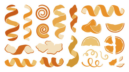 Obraz premium Set of orange zest curls and citrus slices, culinary garnish for food styling, beverage decoration, fresh fruit ingredients, vector illustration