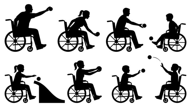 Set of silhouettes representing boccia players in wheelchairs, inclusive sports activity, paralympic game competition, disability lifestyle, movement