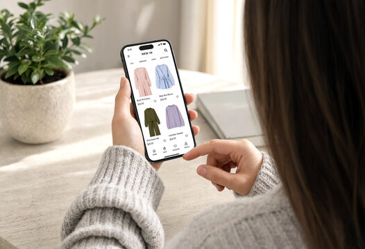 Young woman browsing and shopping for clothes on a smartphone app at home