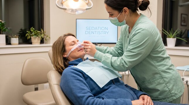 Relaxed patient in a dental chair wearing a sedation mask to manage anxiety before a dental procedure