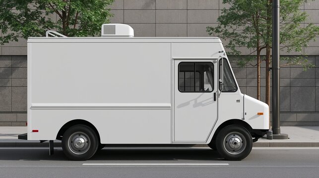 AI Generative. White Food Truck Mockup Side View Parked on Urban Street. 3