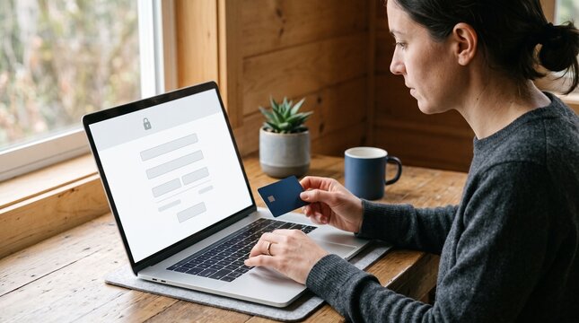 Woman using laptop and credit card for online shopping or banking at home with a mug and plant