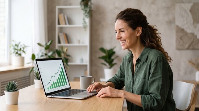 Smiling woman working on laptop displaying upward trending financial graph in bright home office setting with plants