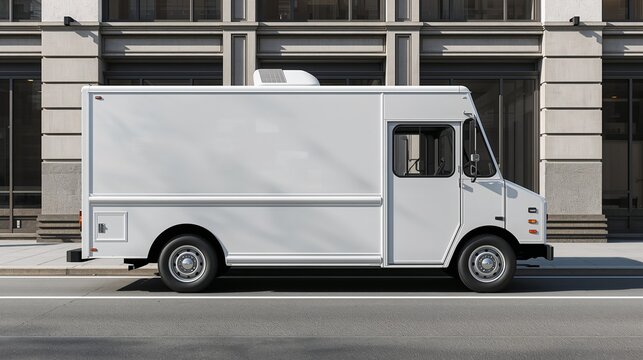 AI Generative. White Food Truck Mockup Side View Parked on Urban Street. 2