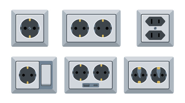 Set of electrical socket wall outlets in flat style for home wiring systems, energy power supply, connectivity, renovation, electrical hardware