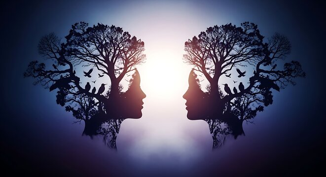 Surreal artistic double exposure silhouette of human faces and tree silhouettes
