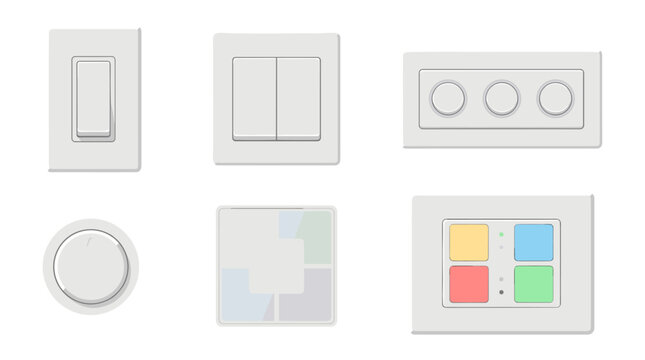 Set of modern electrical wall socket and light switch icons, flat vector illustrations for home wiring, home automation, energy distribution