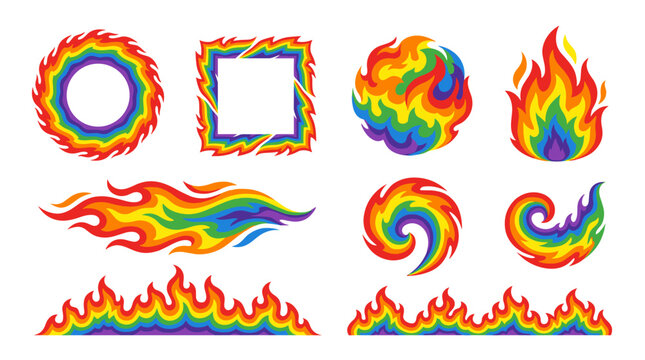 Set of vibrant rainbow fire elements, flames and burn effects in various shapes for game design, fantasy magic spells, dynamic energy explosions