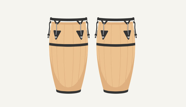 Pair of classic wooden conga drums standing together side by side on a clean and neutral light beige background for studio display.