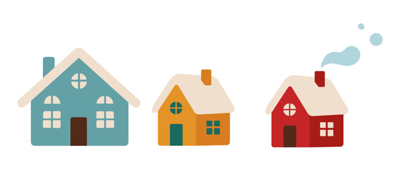 Christmas village houses illustration with snowy roofs and chimney smoke for festive holiday design