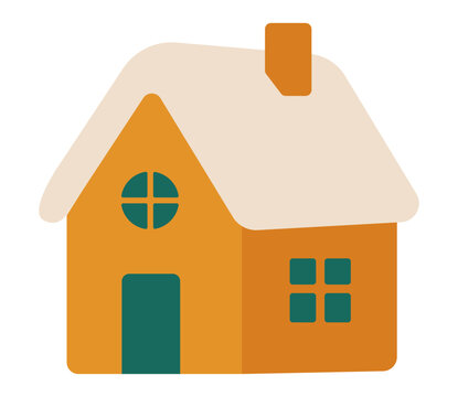 Orange winter house illustration with snowy roof for Christmas village and holiday design