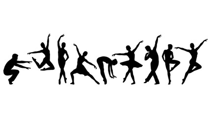 Obraz premium Set of graceful ballet dancer silhouettes showing diverse performance poses, fluid movement, artistic choreography, motion analysis, rhythmic
