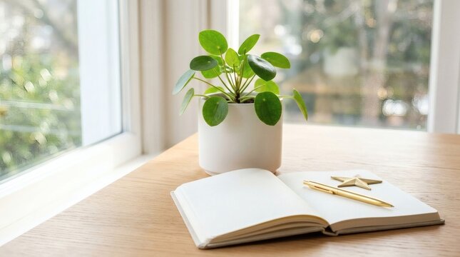 Pilea Peperomioides plant in white pot next to open notebook with golden pen and star on wooden table near window