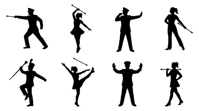 Set of black silhouettes of marching band members and majorettes performing, musical parade participants, instrument players, conductor, baton