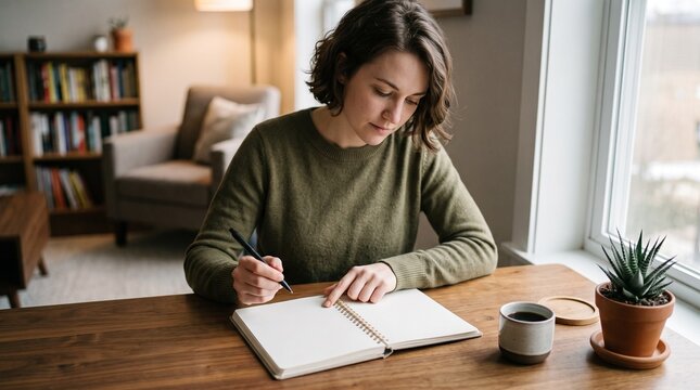 Young woman focused on writing in a notebook at a wooden desk with a coffee cup and plant