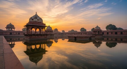 Obraz premium Stunning Sunset Reflection Over Ancient Indian Architecture and Water.