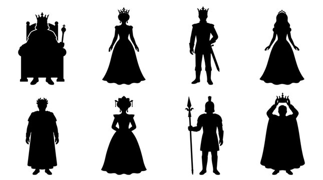 Set of royal black silhouettes featuring kings, queens, and knights, flat vector icons for historical themes, storytelling, fairy tales, medieval