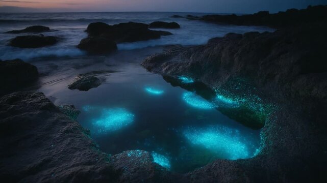 Bioluminescent plankton glowing in rocky tide pool at night