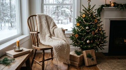 Fototapeta premium Cozy Winter Christmas Scene with Decorated Tree and Chair by Snowy Window